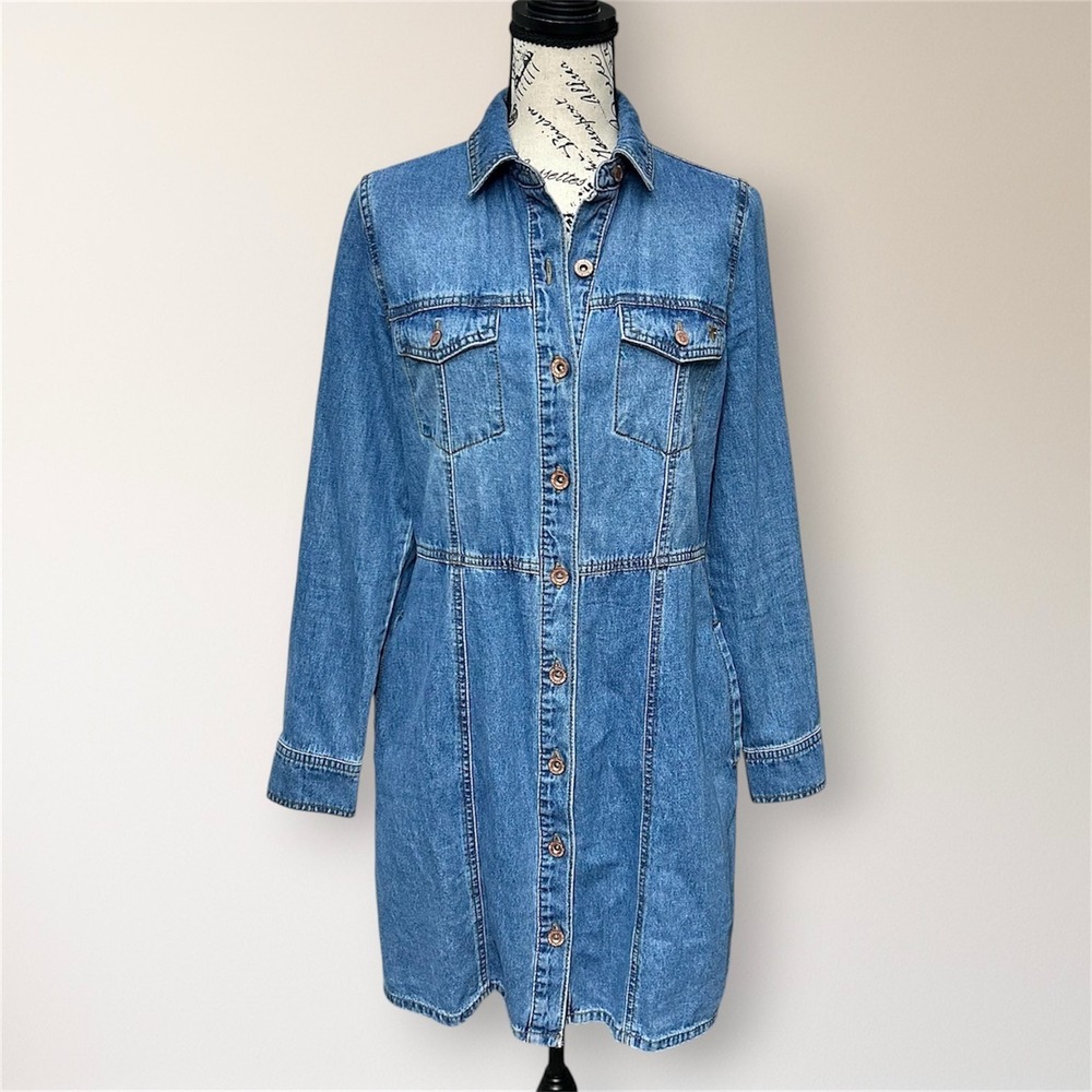 Frye Blue Denim Mini Shirt Dress Long Sleeve Pockets Button Front Western Boho S - Picture 2 of 10